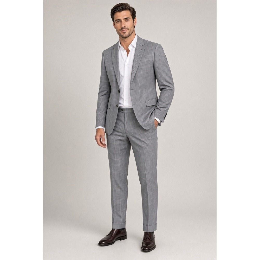 Peter Millar 2 Piece Suit in Grey WindowPane 100% Wool Men 46T Pants 40x31 $1395